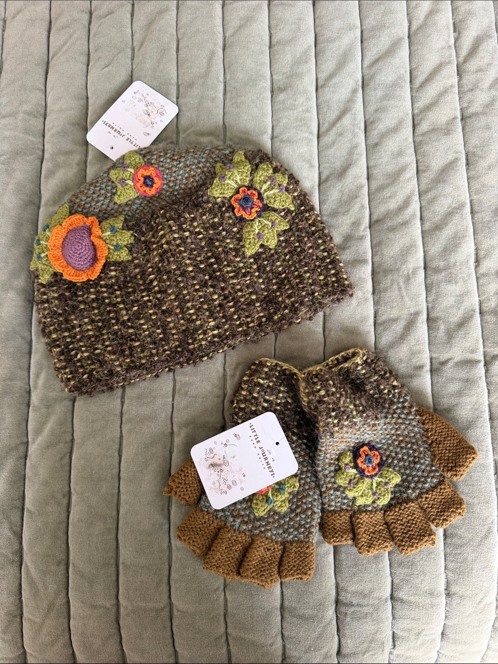 Little Journey Hand Knit Olive/Floral Beanie and Fingerless Gloves set